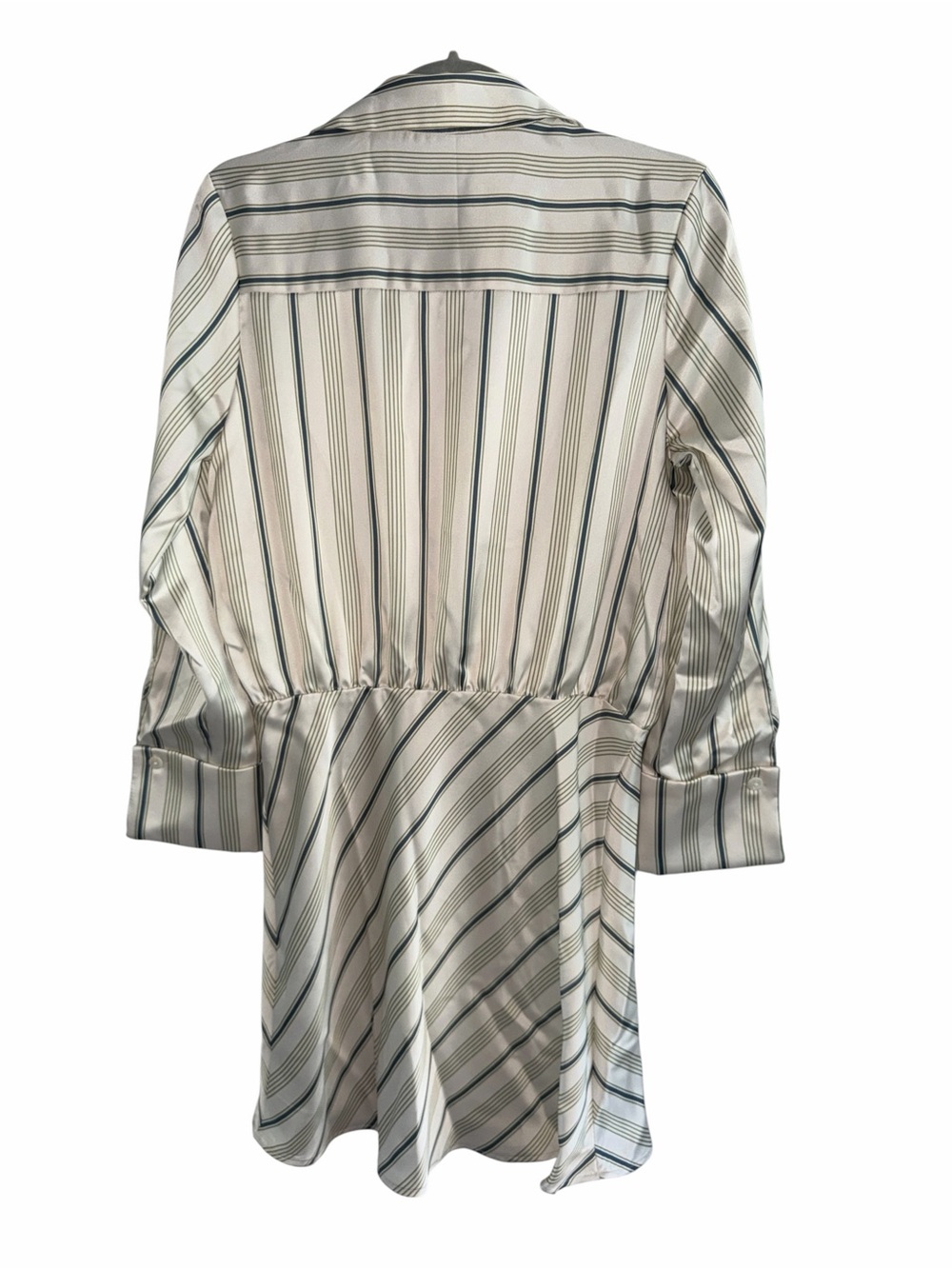 Zara Satin Stripe Shirt Dress Mini Ecru Green Long Sleeve Size M - Picture 6 of 12